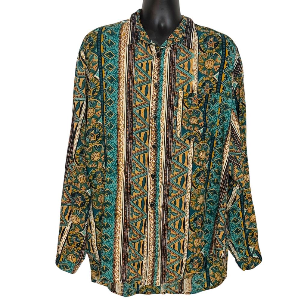 VTG 90s Beves Basics Men L Teal Gold Tribal Rayon Button Down Shirt Festival